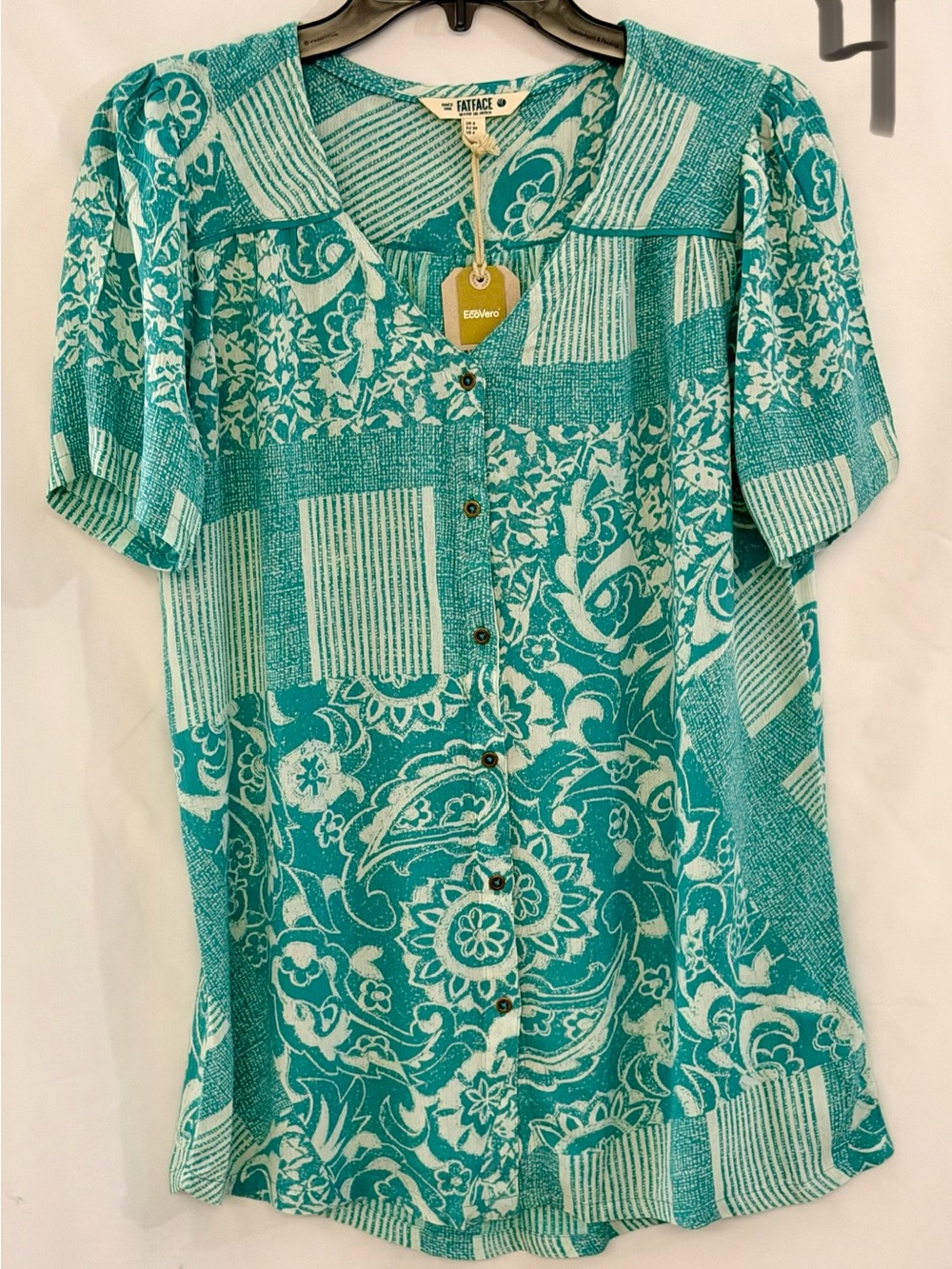 Fat Face Teal and White Patchwork Floral Button-Down Top